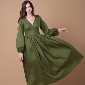 Linen Dress OLIVIA, Cottagecore Linen Dress, Autumn Linen Dress, Green linen dress, Fall dress, Close Fitting Linen Dress For Woman