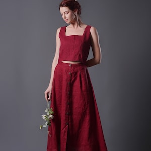 Linen Two Piece Set Skirt and Top, Red linen Top, Linen Cropped Top and Linen Button Skirt, Handmade Linen Skirt and Blouse, Prewashed linen