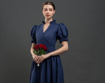 Linen Dress KARA, Cottagecore Linen Dress, Dark Blue linen dress, Linen Summer dress,  Romantic Linen Dress, Maxi linen dress