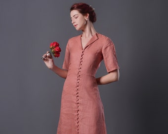 Linen Dress BUTTONS, A Line Dress, Linen Midi Dress, Summer Dress, Cocktail Dress, Linen Wedding Guest Dress, Linen Workwear