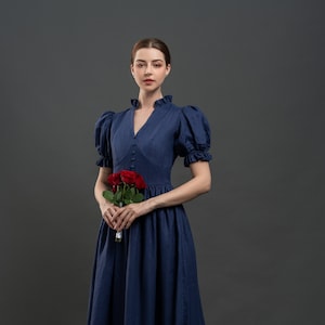 Linen Dress KARA, Cottagecore Linen Dress, Dark Blue linen dress, Linen Summer dress,  Romantic Linen Dress, Maxi linen dress