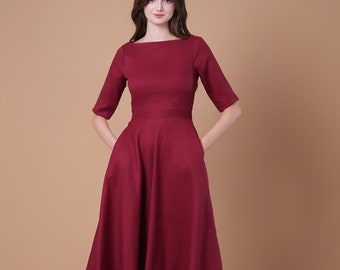 Linen Dress BETH, 1950s Inspired Linen Dress, Half Sleeves, Fit And Flare Dress, Red Linen Dress, Evening Dress, Swing Dress, Linen Gown