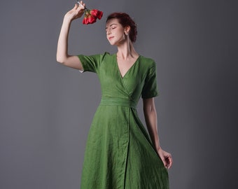 Linen Wrap Dress ALTA, Vintage Linen Dress, Green linen dress, Summer Dress, Cocktail dress, Linen Midi Dress, Plus size Dress