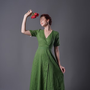 Linen Wrap Dress ALTA, Vintage Linen Dress, Green linen dress, Summer Dress, Cocktail dress, Linen Midi Dress, Plus size Dress