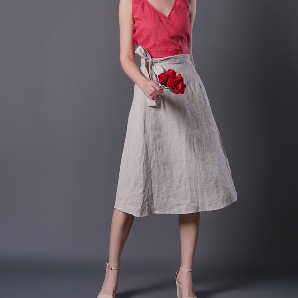 Linen Wrap Skirt Adjustablee Waist, Natural Linen skirt, Linen Midi Skirt, A Line skirt, Linen Summer Skirt, Plus Size Linen Clothing