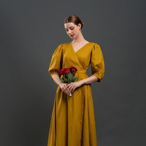 Linen Wrap Dress MILANO, Vintage Linen Dress, Romantic linen dress, Wedding Guest Dress, Cocktail dress, Linen Midi Dress, Plus size Dress
