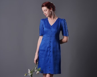 Linen Dress LYNH, Linen Work Dress, Summer Linen Dress, Linen Short dress, Linen Cocktail dress, Wedding Guest Dress, Coban Blue Dress