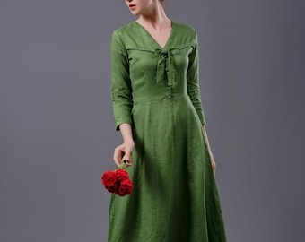 Vintage Linen Dress OHIO, Vintage Green Linen Dress, Long Sleeves Linen Dress, Classic dress, Linen Clothing for Women