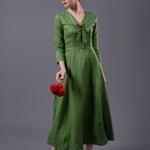 Vintage Linen Dress OHIO, Vintage Green Linen Dress, Long Sleeves Linen Dress, Classic dress, Linen Clothing for Women image 1