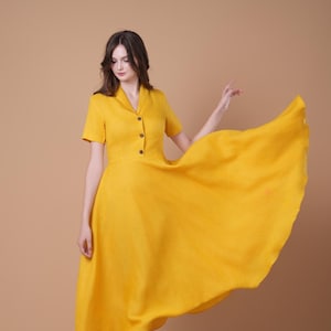 Linen Dress LUMI 2, CottageCore Dress, Vintage Inspired Dress, Form Fitting Dress, A Line, Summer Dress, Custom Made, Yellow Linen Dress
