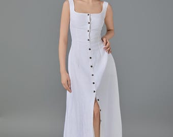 Button Down Linen Dress ELENA, Collar Linen Dress, Summer Autumn Dress, Sundress, Sleeveless Linen Dress, Mid Calf Dress, Xmas Gift