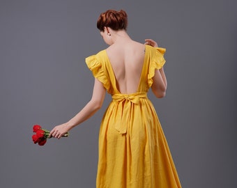 Open Back Linen Dress LINDSIE, Yellow Linen Dress in 20 colors, Summer Dress,  Linen Midi Dress, Plus size Dress, Wedding Guest Dress