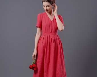 V Neck Linen Dress ELLA, Vintage Linen Dress, Linen Midi Dress, Handmade dress, Half Sleeves Linen dress, Linen Clothing for Women