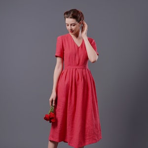 V Neck Linen Dress ELLA, Vintage Linen Dress, Linen Midi Dress, Handmade dress, Half Sleeves Linen dress, Linen Clothing for Women