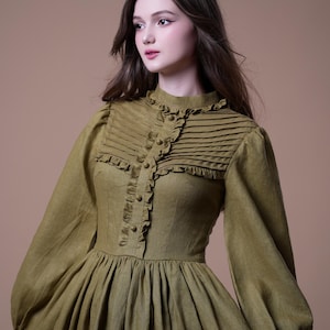 Linen Dress DORITA, Cottagecore Linen Dress, Fall Dress,  Long Sleeves Linen Dress, Close fitting Dress, Green Linen Dress, Bridesmaid Dress