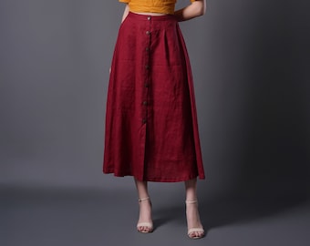 Linen Midi Skirt LENA Wooden Buttons, Summer Linen Skirt with Pockets,  Vintage Linen Skirt, Handmade Linen Clothing, Plus Size Skirt