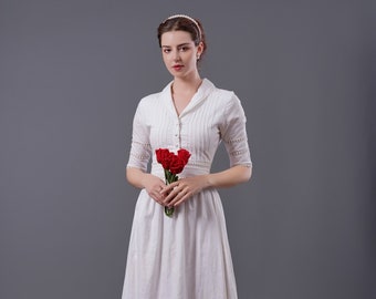 White Linen Dress with Lace, Vintage Linen Dress,Alternative Weddingg dress, Linen Wedding dress, Casual Wedding Dress