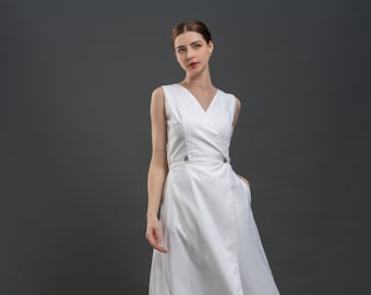 Linen Wrap Dress HENI, White linen Dress, Midi linen dress, Elegant Linen Outfit, Tea Length Dress, Wedding Guest Dress,  Custom made dress
