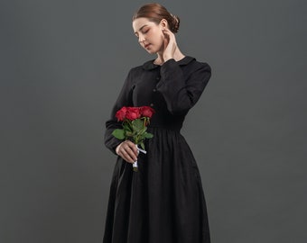 Linen Dress PETER PAN, Vintage Linen Dress, Black linen dress, Linen Wedding dress, Modest Wedding dress, Victorian style dress