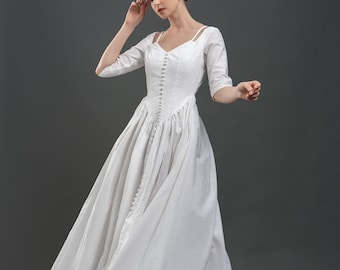 Elegante abito francese CHRISTY, Abito di lino per donne, Abito di lino lunghezza tè, Abito di lino personalizzato, Abito da sposa modesto, Abito di lino bianco