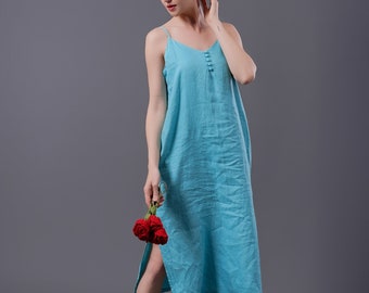 Linen Slip Dress AQUA, Linen Sun Dress, Long Linen Dress, Linen Backless Dress, Sexy Linen Dress, Summer dress, Casual Linen Dress