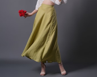 Linen Maxi Skirt GREEN, Summer Linen Skirt with Pockets, Linen Long Skirt, Vintage Linen Skirt, Handmade Linen Clothing