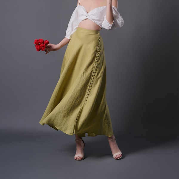 Linen Maxi Skirt GREEN, Summer Linen Skirt with Pockets, Linen Long Skirt, Vintage Linen Skirt, Handmade Linen Clothing