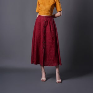 Jupe midi en lin avec boutons en bois, Jupe d'été en lin avec poches, Jupe en lin vintage, Vêtements en lin faits main, Jupe grande taille