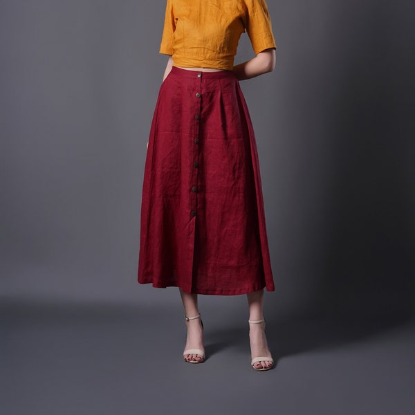 Falda midi de lino con botones de madera, falda de lino de verano con bolsillos, falda de lino vintage, ropa de lino hecha a mano, falda de talla grande