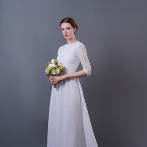Linen Wedding Dress LOVE, Linen and Lace Gown, Modest Wedding Dress with train, Forest Wedding dress, Alternative wedding dress