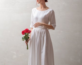 Modest Linen Wedding Dress SEOUL, White Linen Dress, Linen Midi Dress, Handmade dress, Linen Summer dress, Linen Clothing for Women