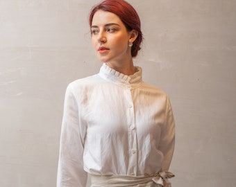 Linen top STEPH in 20+ Colors, Linen High Neck Top, Button Up Linen Blouse, Customisable Linen Clothing, Long Sleeves Linen Blouse