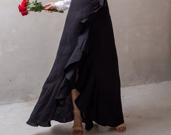 Linen Wrap Skirt RUFFLE, Black Linen Skirt in 20+ colors, Boho Linen Skirt, Plus size, Summer Linen skirt, Handmade Clothing