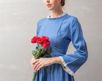 Vintage Linen Dress CRYSTY, Blue Linen Dress, Long Sleeves Linen Dress, Classic dress, Linen Clothing for Women, Personalised Dress