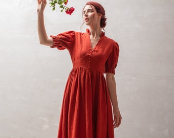 Linen Dress KARA, Cottagecore Linen Dress, Red linen dress, Linen Summer dress,  Romantic Linen Dress, Maxi linen dress