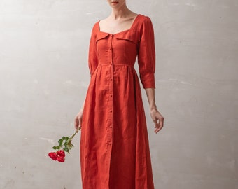 Linen Dress ROMANCE, Vintage Linen Dress, Red linen dress, Fall linen dress, Linen Maxi dress, Women Linen Clothing, Cottagecore dress