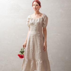 Linen Dress LYON, Midi Linen Dress, Vintage Linen Clothing, Handmade dress, Linen Summer dress, Linen Clothing, Puffed sleeves dress