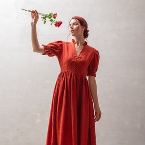 Linen Dress KARA, Cottagecore Linen Dress, Red linen dress, Linen Summer dress,  Romantic Linen Dress, Maxi linen dress