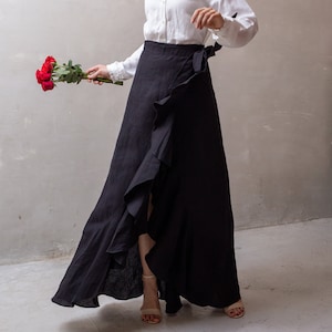 Linen Wrap Skirt RUFFLE, Black Linen Skirt in 20+ colors, Boho Linen Skirt, Plus size, Summer Linen skirt, Handmade Clothing