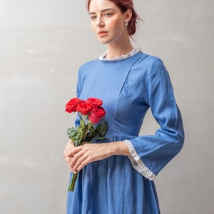 Vintage Linen Dress CRYSTY, Blue Linen Dress, Long Sleeves Linen Dress, Classic dress, Linen Clothing for Women, Personalised Dress