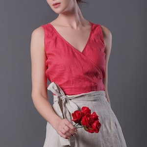 Reversible Linen Top KOMO, Wrap Top, Linen Cropped Shirt, Tie Waist Linen Top, Linen Vintage Blouse, Sleeveless Linen Top, Plus Size Linen