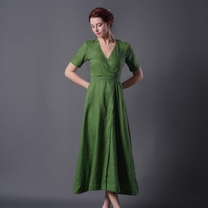 Linen Wrap Dress ALTA, Vintage Linen Dress, Green linen dress, Summer Dress, Cocktail dress, Linen Midi Dress, Plus size Dress image 3
