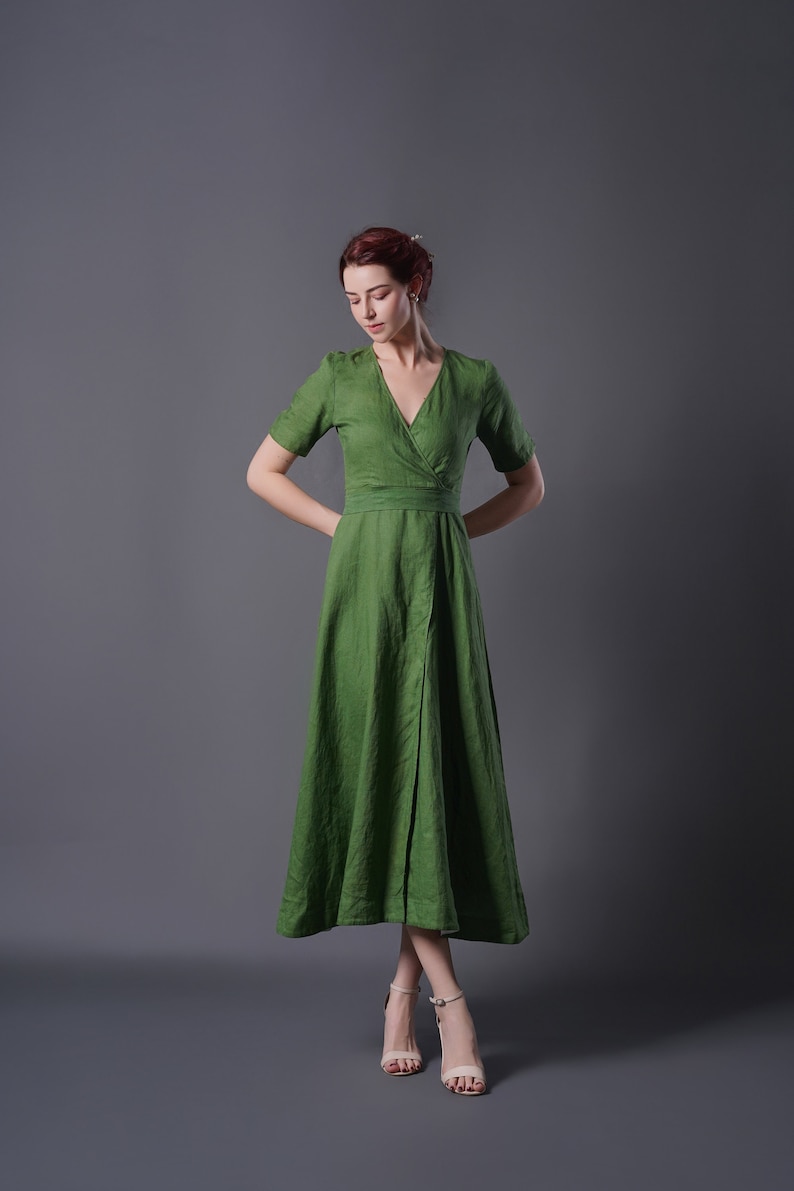 Linen Wrap Dress ALTA, Vintage Linen Dress, Green linen dress, Summer Dress, Cocktail dress, Linen Midi Dress, Plus size Dress image 3