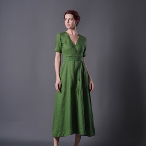 Linen Wrap Dress ALTA, Vintage Linen Dress, Green linen dress, Summer Dress, Cocktail dress, Linen Midi Dress, Plus size Dress image 6