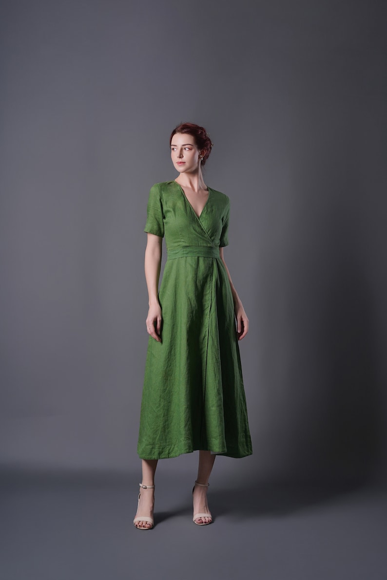 Linen Wrap Dress ALTA, Vintage Linen Dress, Green linen dress, Summer Dress, Cocktail dress, Linen Midi Dress, Plus size Dress image 6