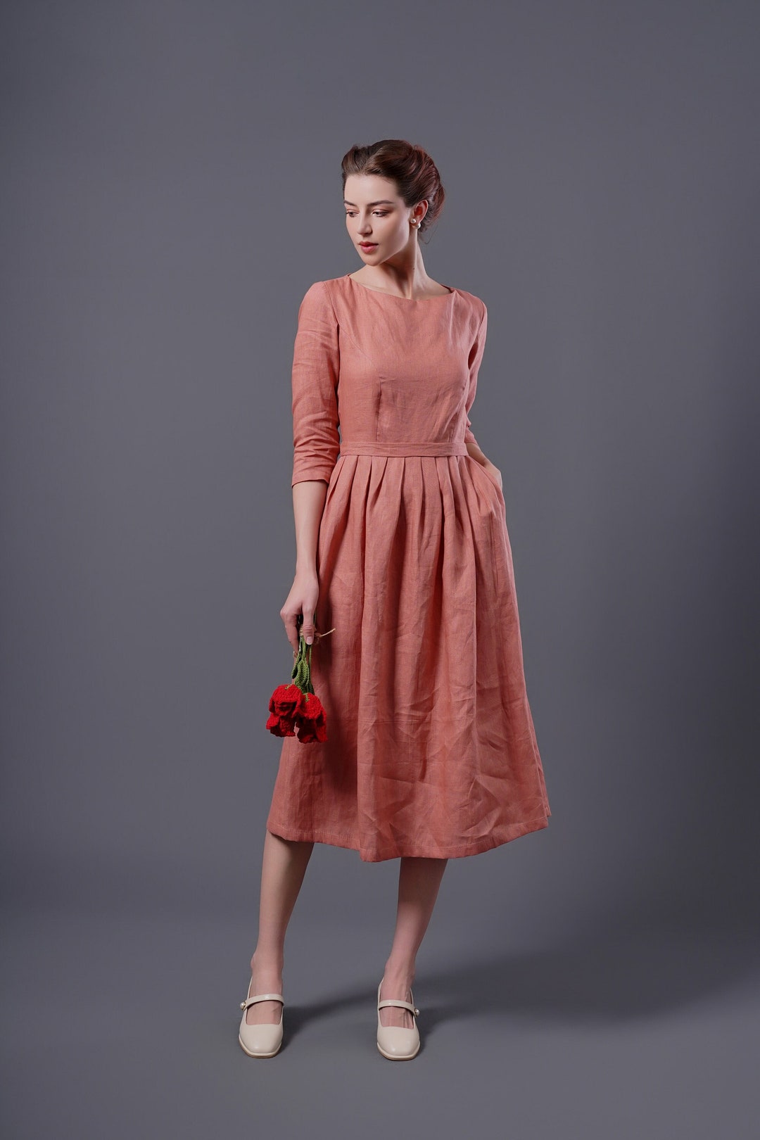 Boat Sleeves Linen Dress (Fall leaves)