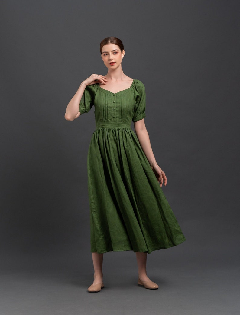 Cottagecore Linen Dress MALTA Romantic Green Maxi Dress Long Linen Dress Handmade to Order image 1