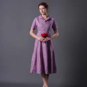 Linen Dress HEATHER, Linen Midi Dress, V Neck Linen Dress, Linen Summer dress,  Bridesmaid Dress, A-line linen dress, Lilac Linen Dress