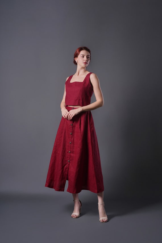 Linen Two Piece Set Skirt and Top, Red Linen Top, Linen