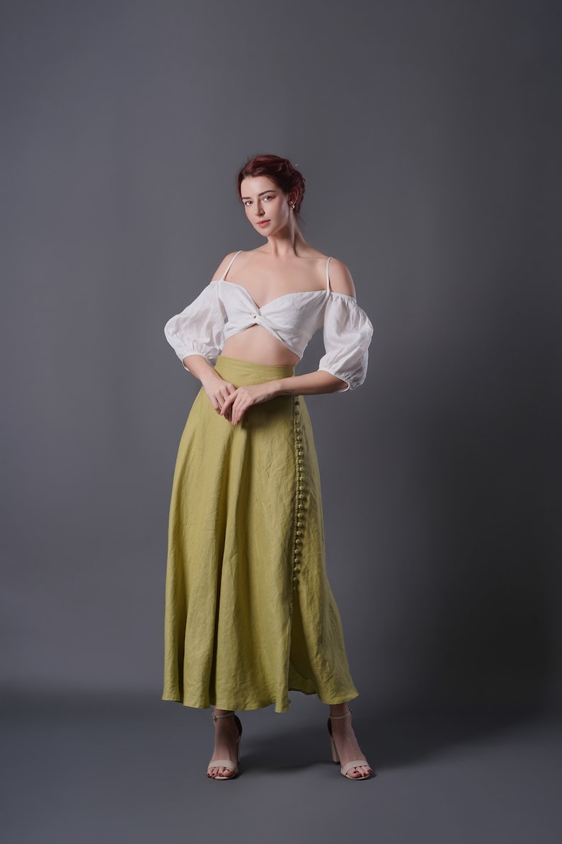 Linen Maxi Skirt GREEN, Summer Linen Skirt with Pockets, Linen Long Skirt, Vintage Linen Skirt, Handmade Linen Clothing image 3